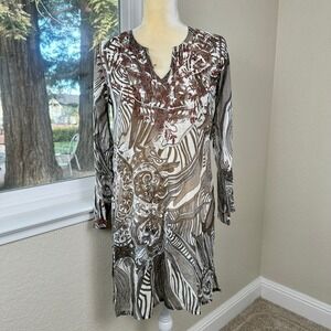 Raj Cotton Embroidered Tunic Dress Womens S Brown Boho Abstract Kaftan Cover Up